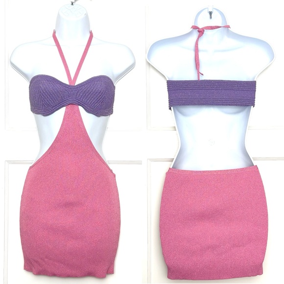 NWT RETROFETE Glitter Rib Knit Colorblock Halter Neck Cutout Waist Mini Dress XS - Picture 2 of 6